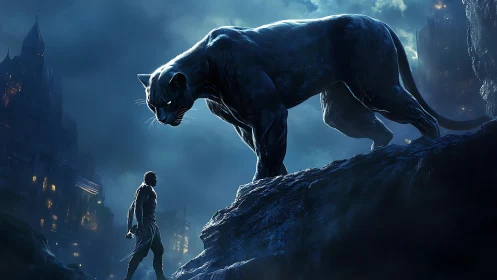 Dramatic Urban Encounter: Panther Confrontation with Human Figure.