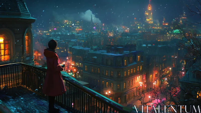 Solitary observer studies neon-lit winter cityscape at night