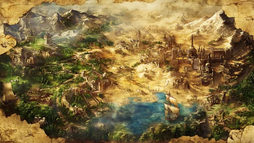 Epic fantasy realm map of coasts, citadels and kingdoms.