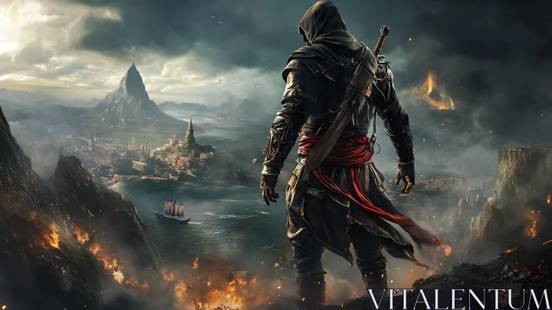 Hooded wanderer surveying burning coasts and stormlit kingdom.