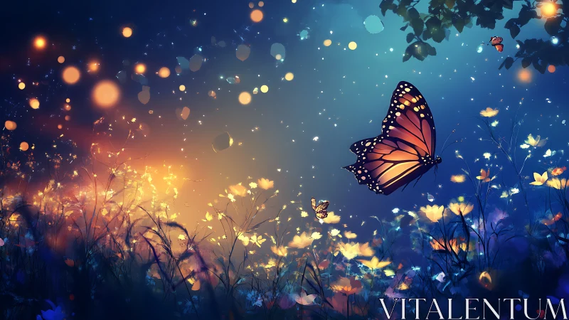 Gentle monarch butterfly drifting through a glowing twilight meadow.