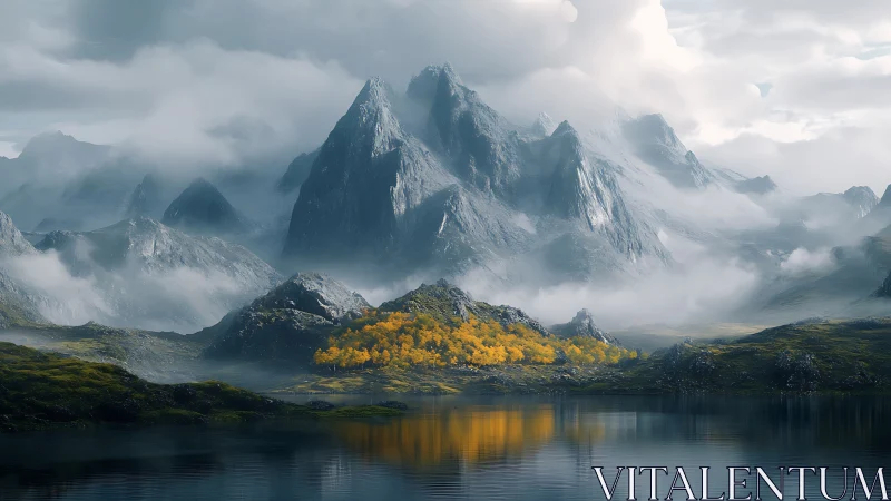 Foggy alpine peaks rise above bright autumn valley forest