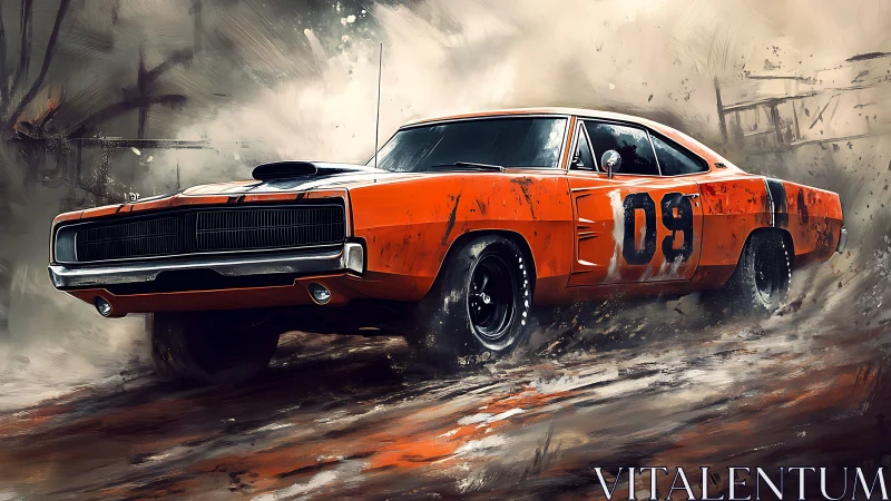 Muscle car powerslide in dynamic muddy rally environment.