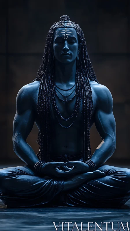 Blue meditative deity statue in serene cross-legged pose.