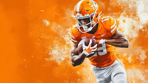 Digital painting of running back in dynamic orange field burst.