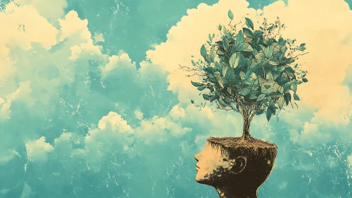 Human head with leafy tree emerging against cloudy sky.