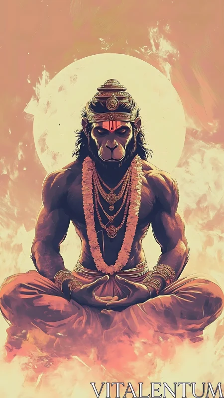 Luminous monkey deity meditates in firelit lunar halo.