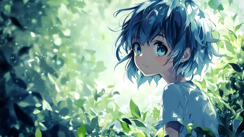 Blue‑haired anime child glows softly in enchanted garden light