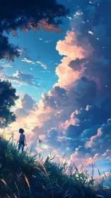 Skyward gaze under towering dusk clouds and vivid light.