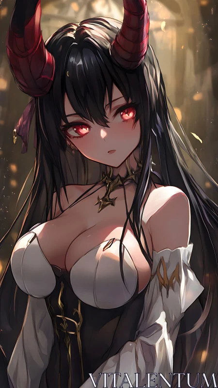 Crimson eyed horned demon girl in gothic corset lighting study