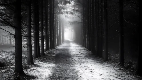 Winter ghosts stride down a tunnel of patient midnight pines