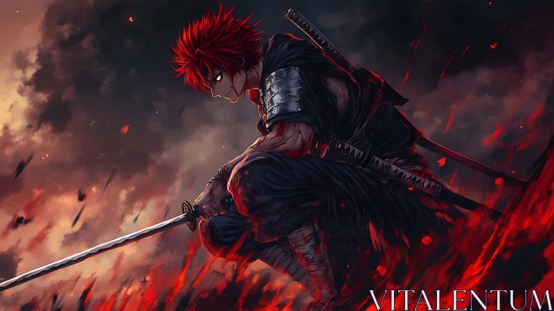 Crimson samurai crouches amid stormlit embers of war.