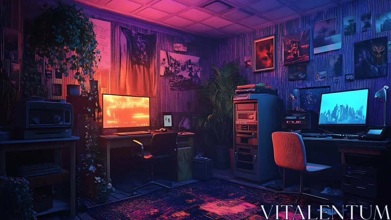 Dual workstations in neon lit retro styled gaming studio