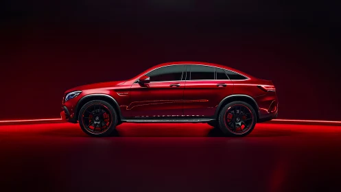 Side-profile view of red coupe SUV in controlled studio lighting.