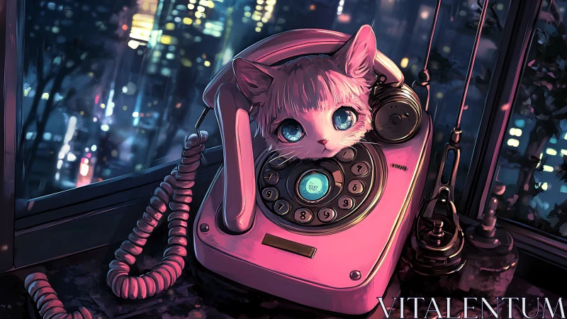 Blue eyed kitten rests inside a retro phone at neon dusk
