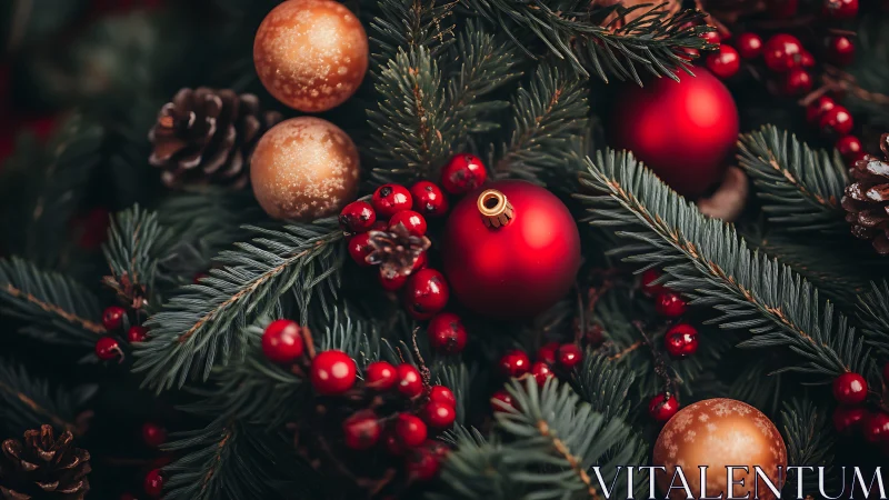 Cozy evergreen wreath with glowing red and gold ornaments.