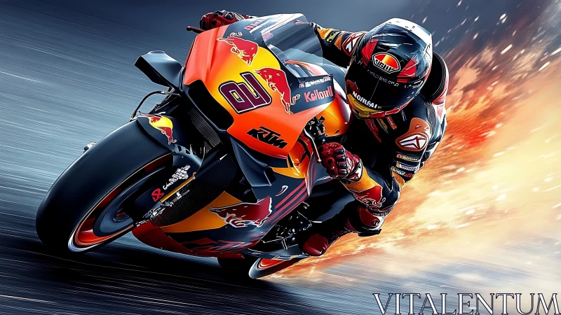 Racing motorcycle leans into corner amid blazing speed