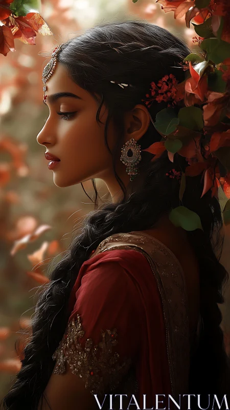 Profile portrait of woman in traditional attire with foliage.