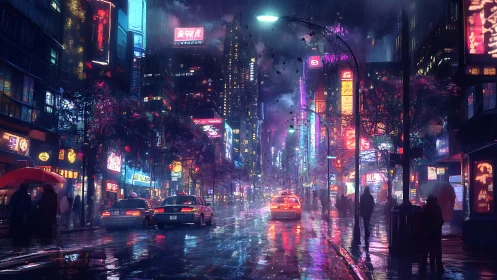 Rain-soaked neon urban street is observed at night