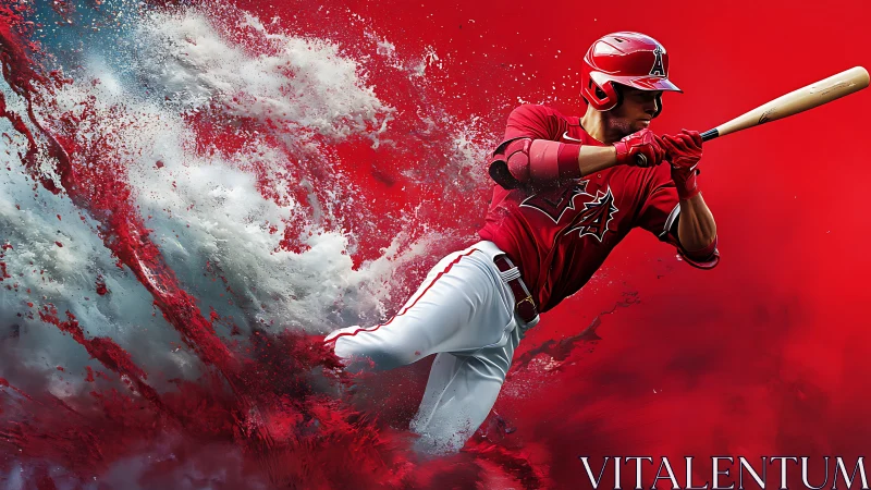 Dynamic red baseball batter in splash-motion composite artwork
