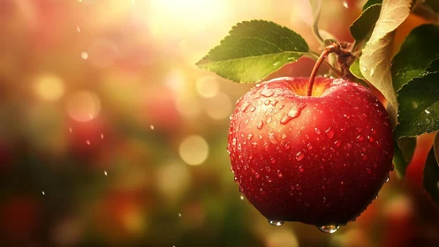 Sunlit Orchard Jewel: Dewy Red Apple in Golden Glow.