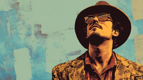 Man in hat and glasses looks upward against textured wall