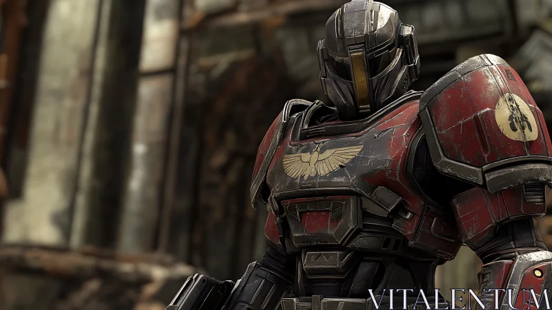 Armored sci fi guardian standing strong in worn red armor.