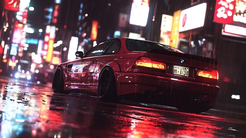 Red BMW coupe idles under neon rain in wet city street
