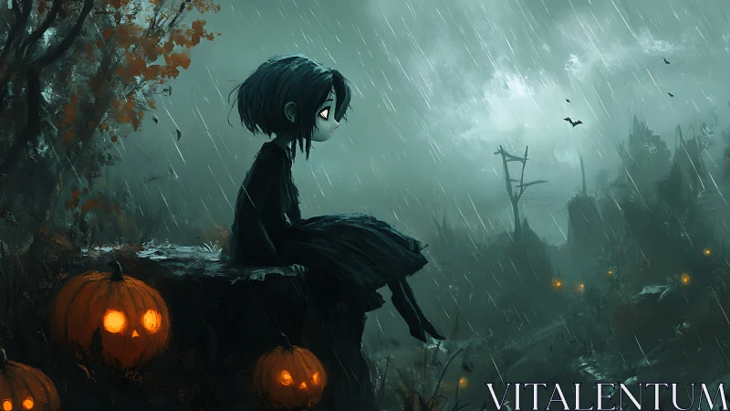 Solitary child with pumpkins in rainy twilight landscape.