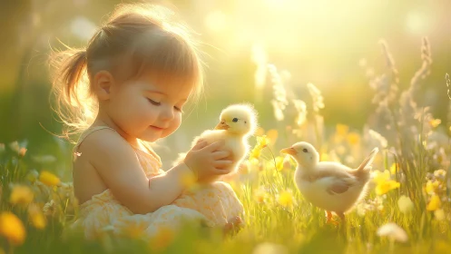 Toddler holds fluffy chicks in warm backlit meadow scene