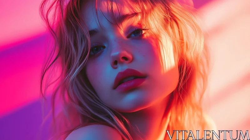 Portrait shows stylized female face in saturated gradient light
