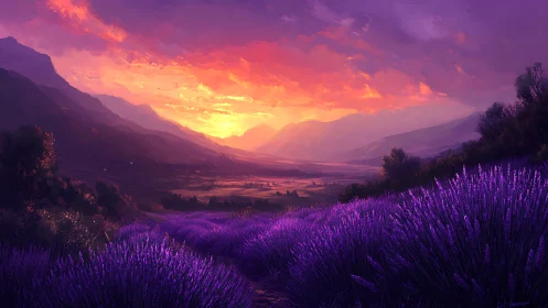 Lavender valley at sunset wrapped in soft purple light.