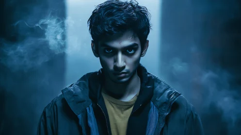 Young man stares forward in moody blue cinematic lighting