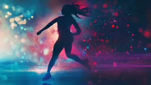 Silhouette runner explodes through neon bokeh motion field.