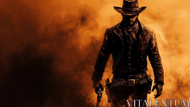 Solitary gunslinger advances through cinematic orange dust