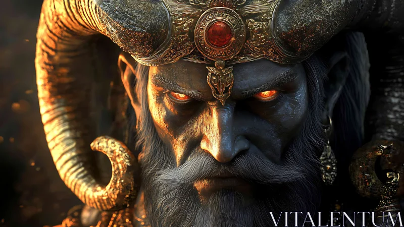 Horned demonic king portrait with glowing ember eyes.