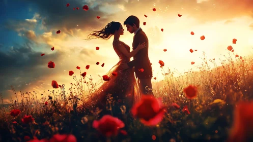 Golden Hour Romance: Petals Dance Between Two Souls.