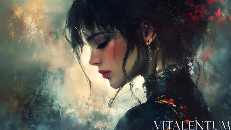 Melancholic woman in profile contemplates within misty light