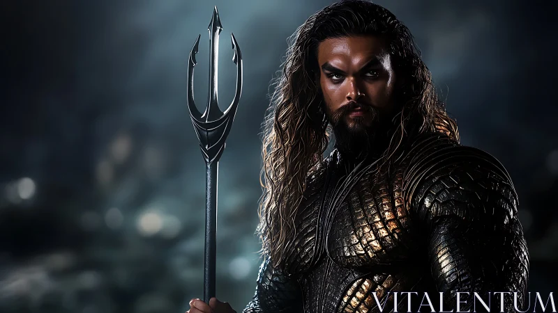 Heroic trident bearer in sculpted armor, low-key portrait lighting.