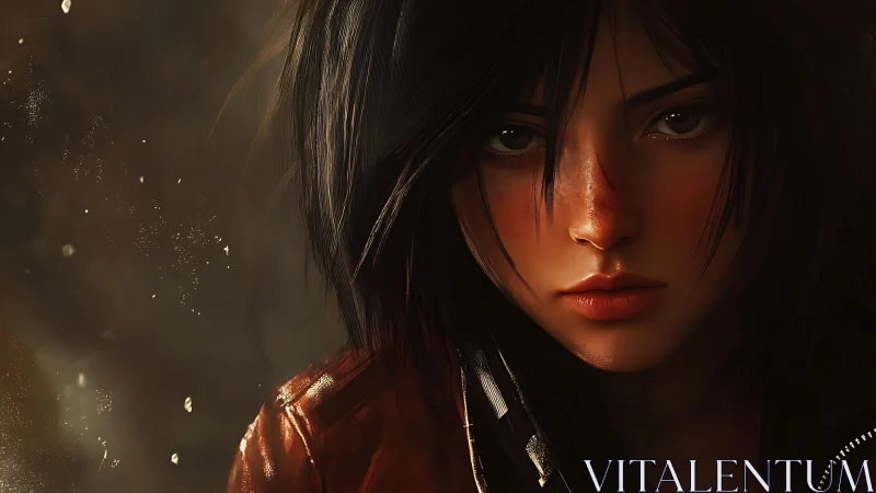 Battle-scarred heroine portrait in warm digital light.