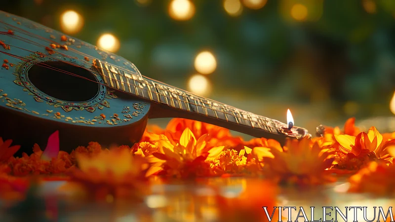Decorated acoustic guitar with candle amid marigold flowers.