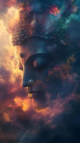 Serene Buddha face emerging through cosmic fire and mist.