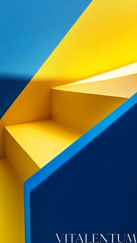 Playful yellow staircase framed by bold blue geometry.