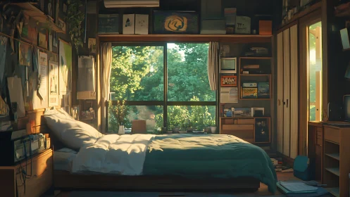 Sunlit studio bedroom with panoramic garden window view.