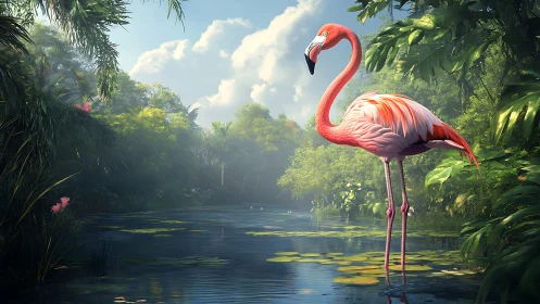Tropical flamingo stands in sunlit jungle river clearing.