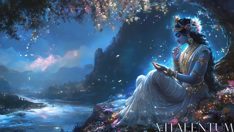 Blue-skinned adorned figure sits by luminous night river