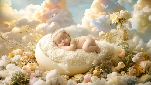 Dreamlike newborn slumber in floral cloud cradle scene.