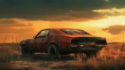 Rust-red muscle car resting under a stormy sunset sky.