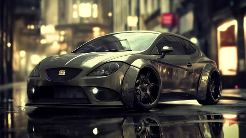 Widebody metallic coupe rendered on wet urban street at dusk