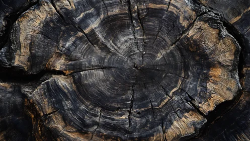 Weathered tree stump cross-section shows charred concentric rings